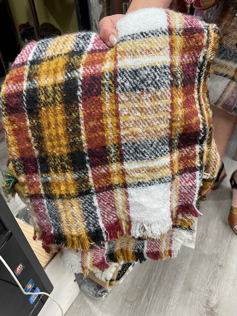 Hooded RUANA Wrap Plaid with Fringe Detail - Robin Boutique-Boutique 