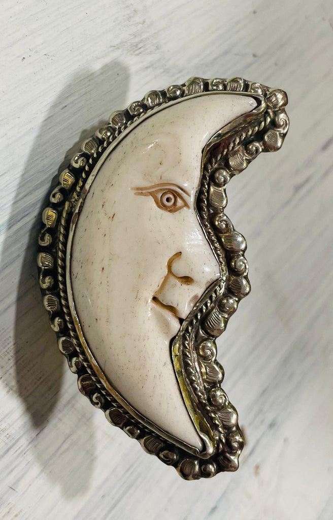 Crescent Moon Face Carved in Bone Adjustable Ornate Ring - Robin Boutique-Boutique 