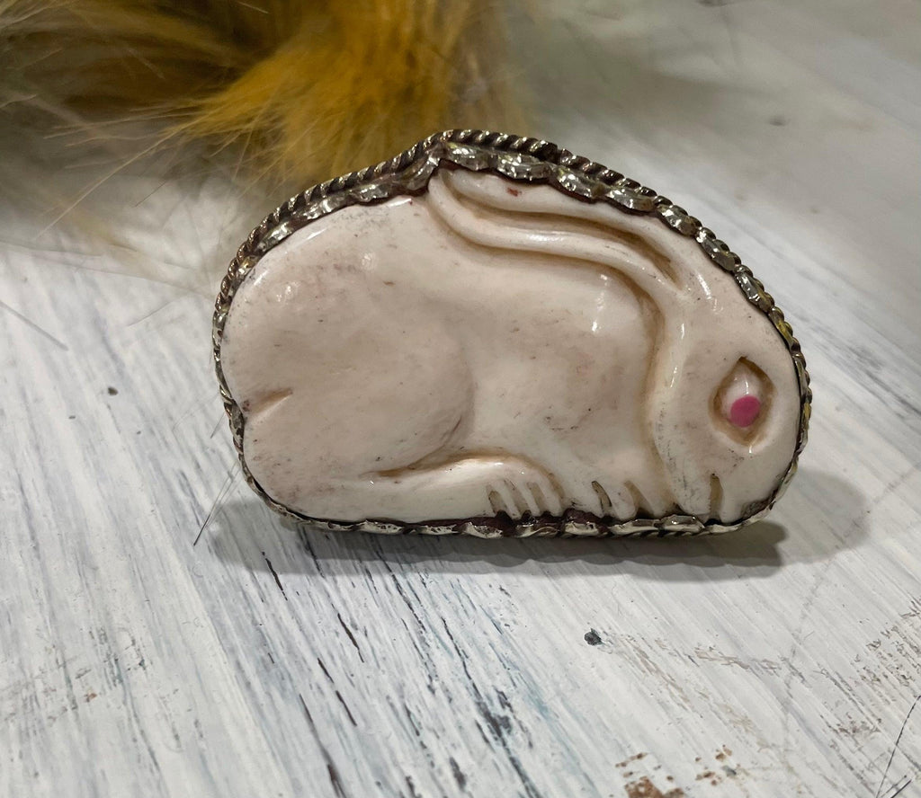 Bunny Carved in Bone Adjustable Ornate Ring - Robin Boutique-Boutique 