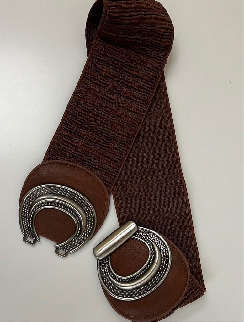 Wide Brown Elastic Belt with pewter buckle 0124 - Robin Boutique-Boutique 