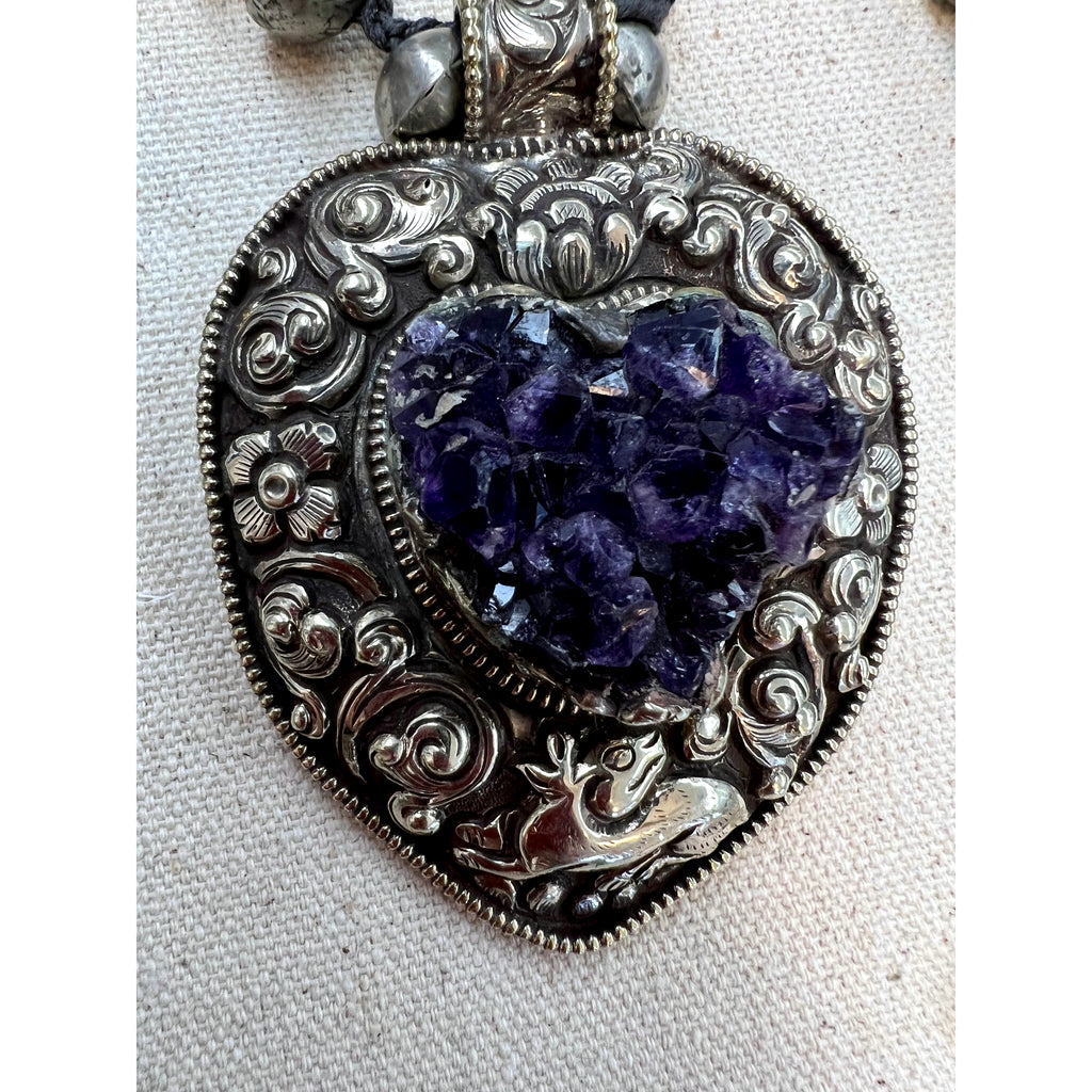 Large Purple Amethist Druzy Heart in Ornate Silver Necklace - Robin Boutique-Boutique 
