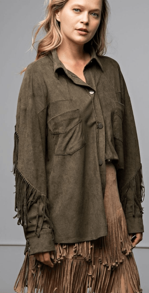 Easel Suede Fringed Snap Front Shirt Blouse - Robin Boutique-Boutique 
