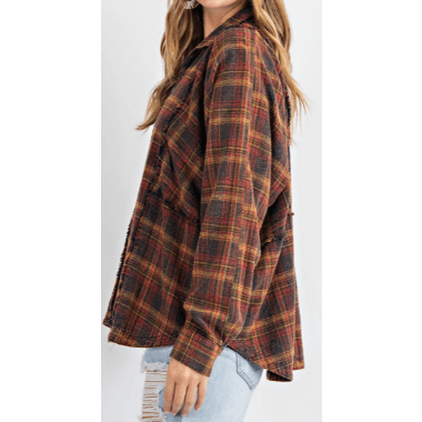Long Sleeve Plaid Button Down Flannel Collared Shirt - Robin Boutique-Boutique 