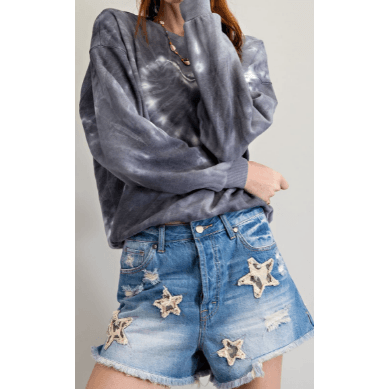 EASEL Distressed Denim Shorts with Star Appliquéd EB41047 - Robin Boutique-Boutique 