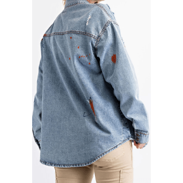 Long Sleeve Denim Button Down Shirt with Paint Splatter - Robin Boutique-Boutique 