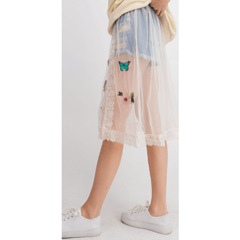 Natural Mesh Skirt with Butterfly Appliques - Robin Boutique-Boutique 