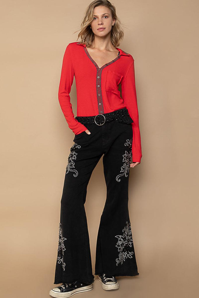 POL Embroidered and Embellished Flare Jean FWP107 - Robin Boutique-Boutique 