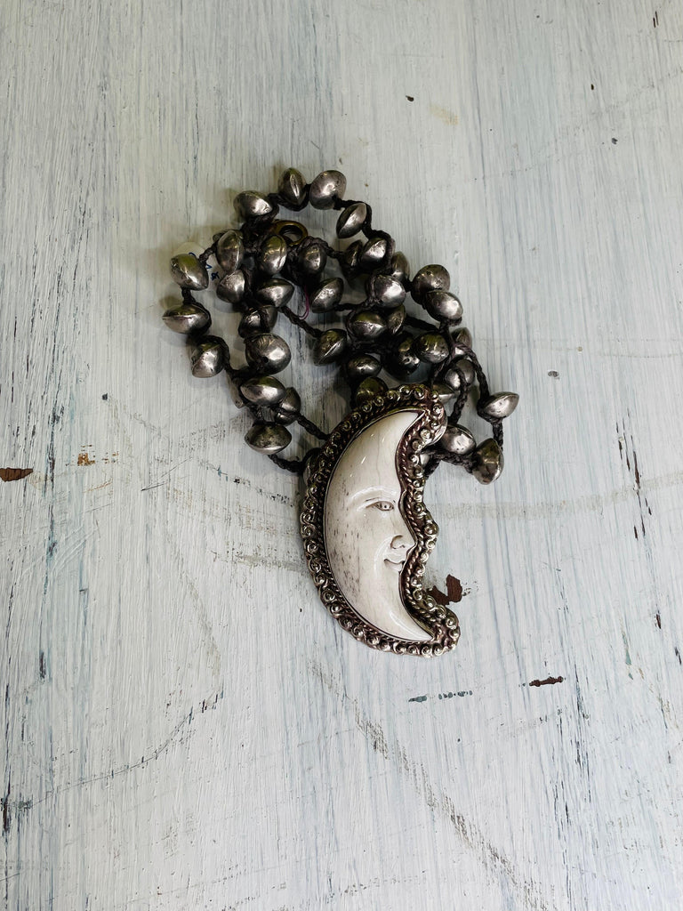 Crescent Moon Face Carved in Bone Necklace - Robin Boutique-Boutique 