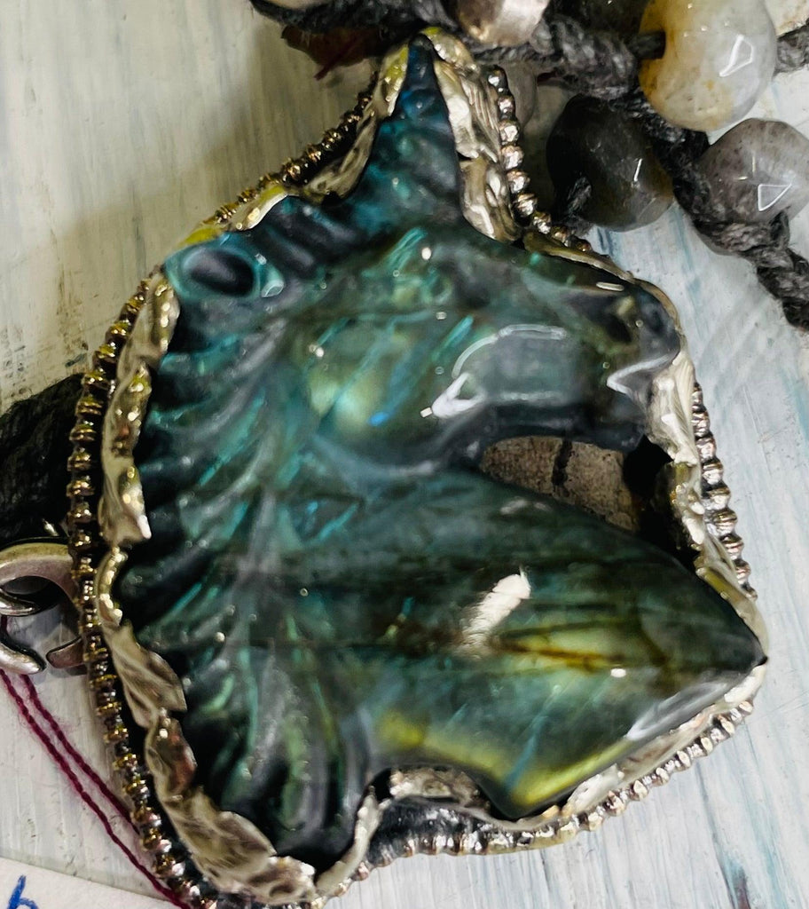 Unicorn Bust Carved in Labradorite Necklace - Robin Boutique-Boutique 
