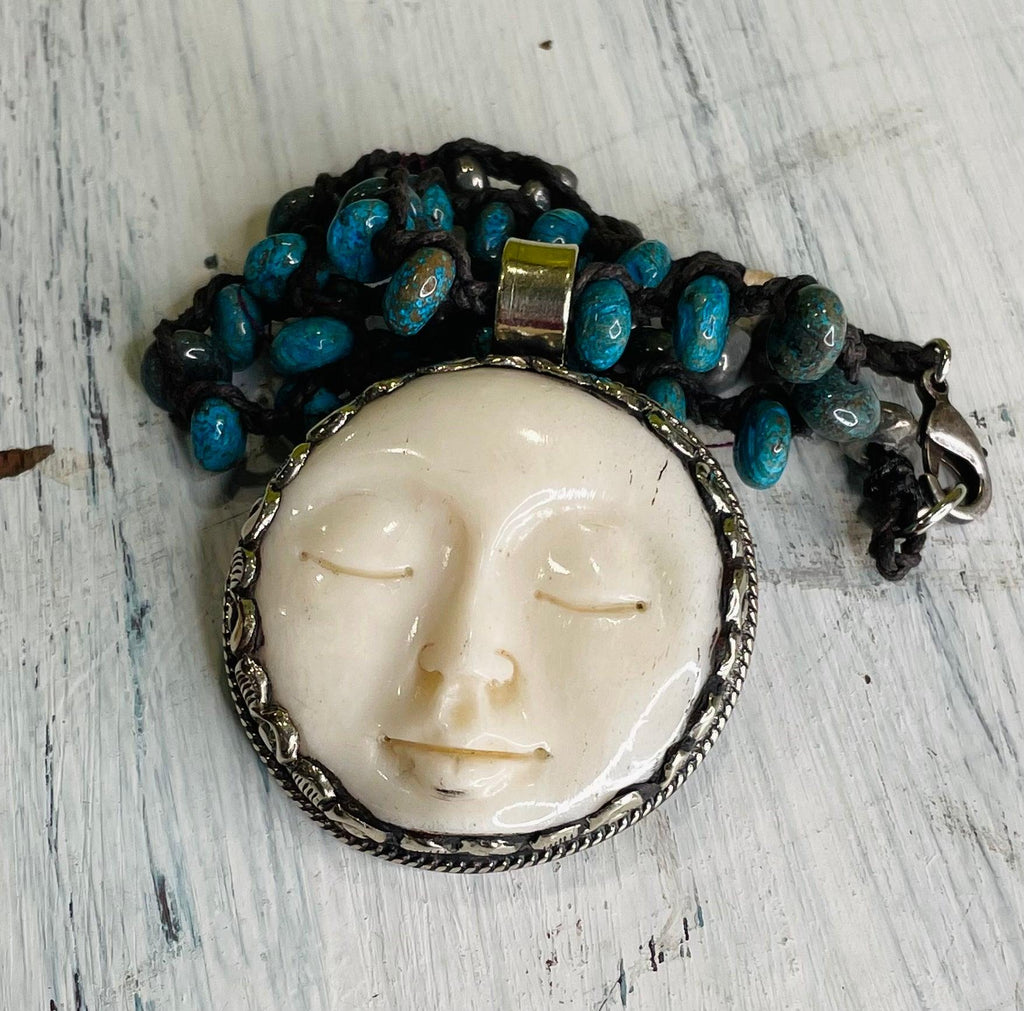 Goddess Moon Face Carved in Bone Necklace - Robin Boutique-Boutique 