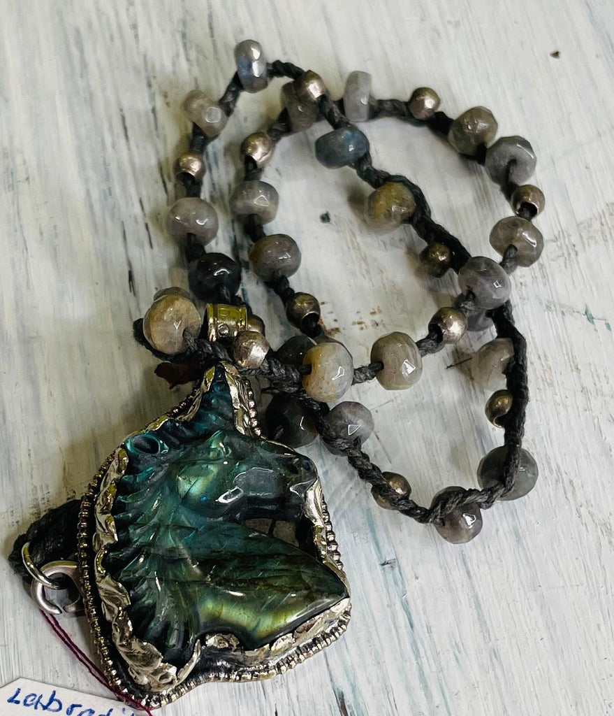 Unicorn Bust Carved in Labradorite Necklace - Robin Boutique-Boutique 