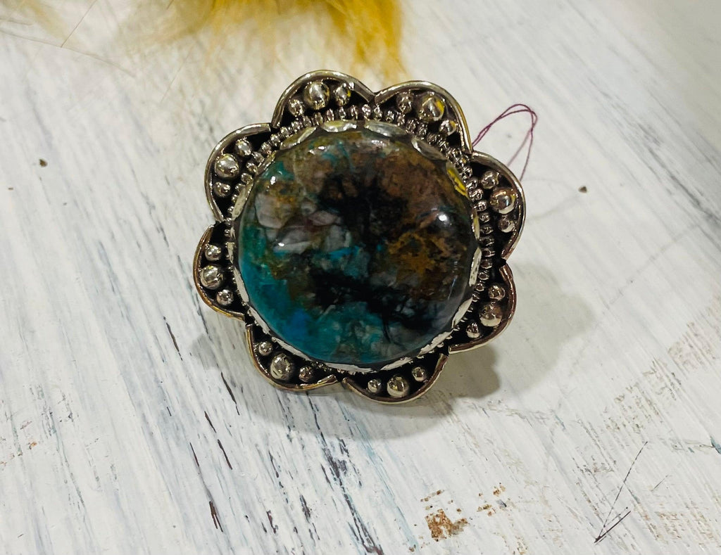 Floral Chrysocolla Adjustable Ornate Ring - Robin Boutique-Boutique 