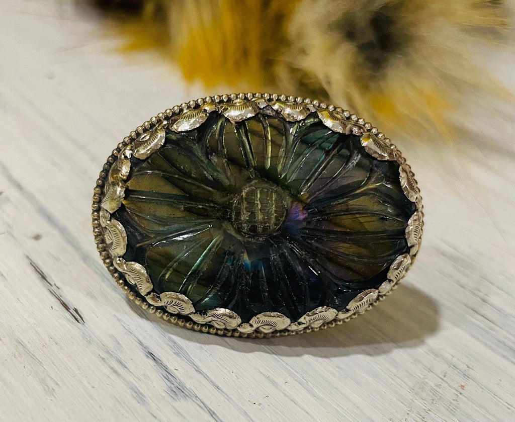 Sunflower Carved in Labradorite Adjustable Ornate Ring - Robin Boutique-Boutique 