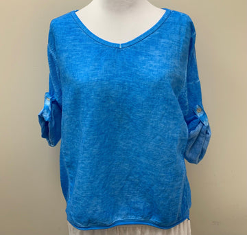 Linen 3/4 sleeve V-Neck Top K2041148 Turquoise - Robin Boutique-Boutique 