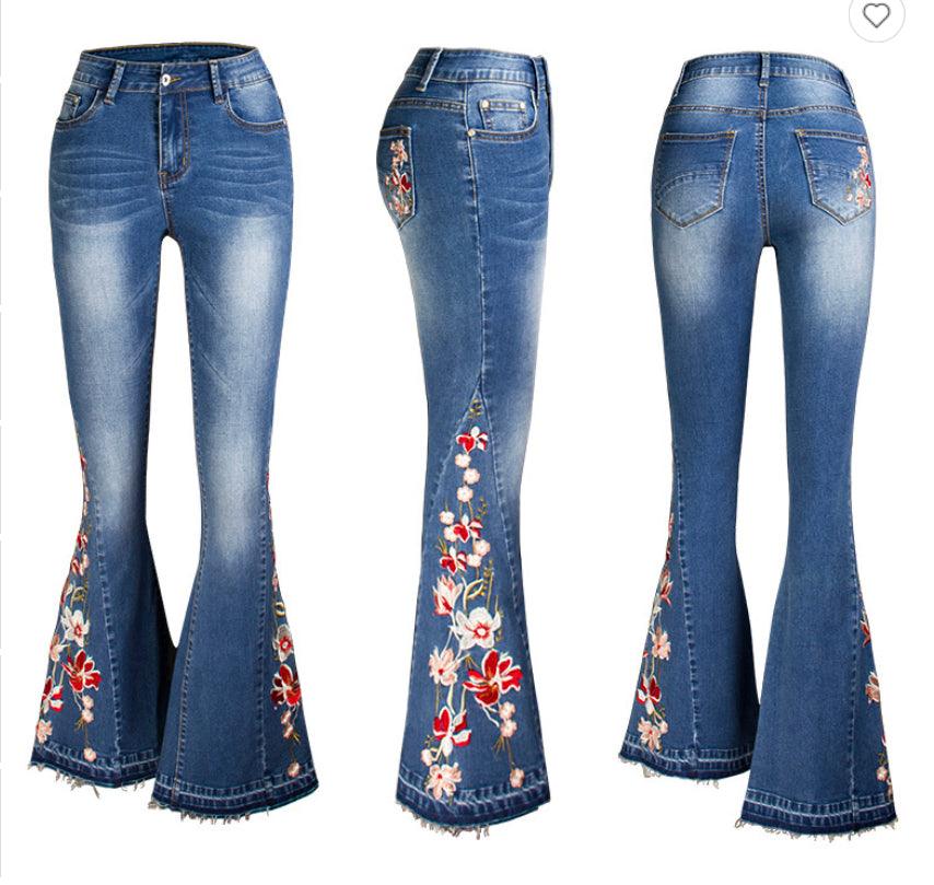Embroidered Bell Bottom Flare Stretch denim jeans - Robin Boutique-Boutique 
