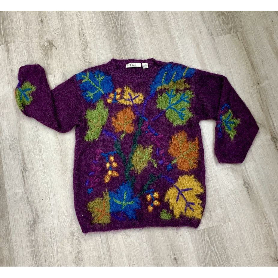 Vintage Hand Knit Pullover Sweater "Fall Leaves" Size M - Robin Boutique-Boutique    &.  Reloved Fabrics