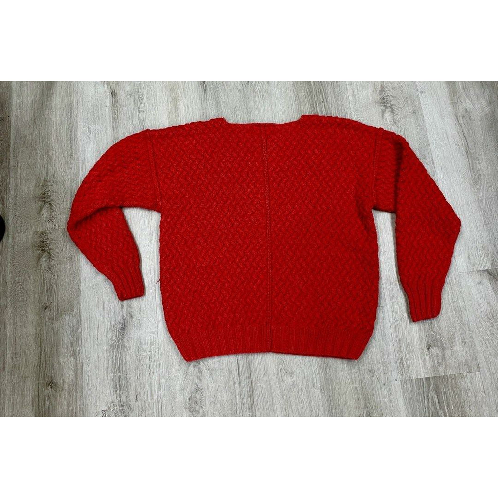 Red Cotton Handknit Pullover Sweater with all over cable design. Size M - Robin Boutique-Boutique    &.  Reloved Fabrics