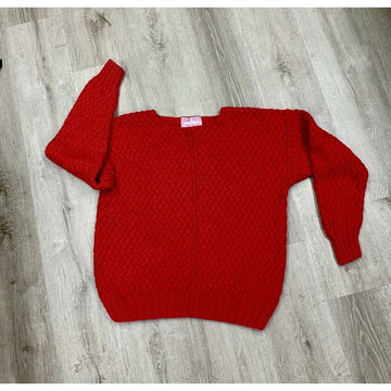 Red Cotton Handknit Pullover Sweater with all over cable design. Size M - Robin Boutique-Boutique    &.  Reloved Fabrics