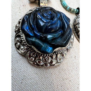 Handmade Large Carved Labrodite Rose with Silver Necklace - Robin Boutique-Boutique 