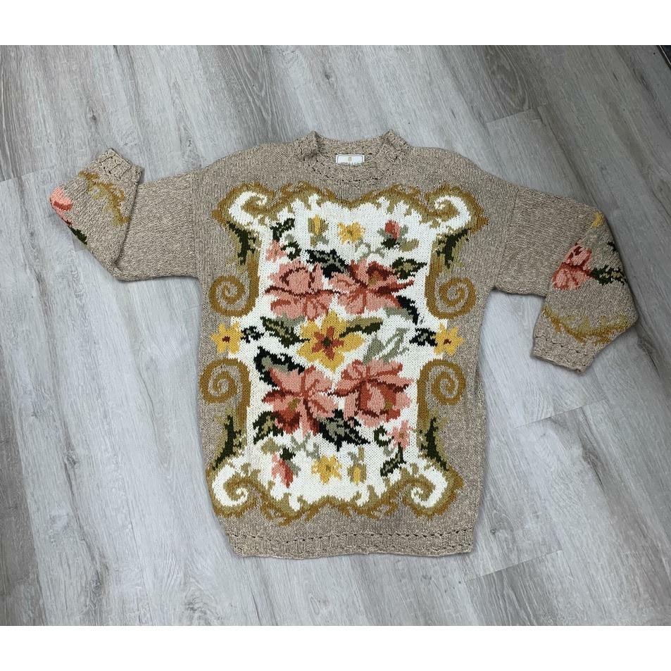 Vintage Floral Hand knit sweater with cable ribbing. "Antique Flowers"  Size M - Robin Boutique-Boutique    &.  Reloved Fabrics
