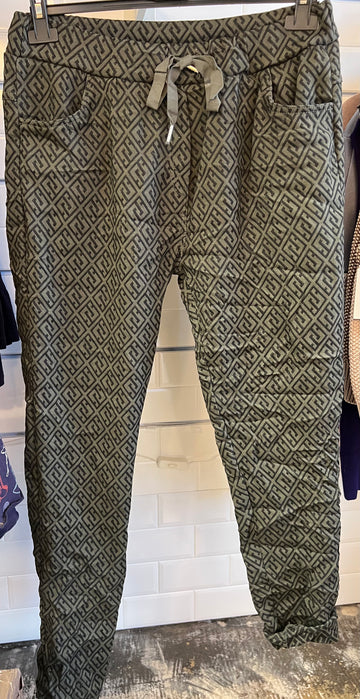 Dis Moi Italian One Size Pants in Olive Pattern stretch knit feel pants G525 - Robin Boutique-Boutique 