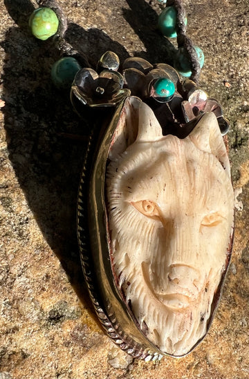 Carved Bone Wolf Necklace in Ornate Silver Casing and Turquoise Beaded Chain - Robin Boutique-Boutique 