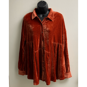 Long sleeve velvet copper color button down tunic top - Robin Boutique-Boutique & Reloved Fabrics