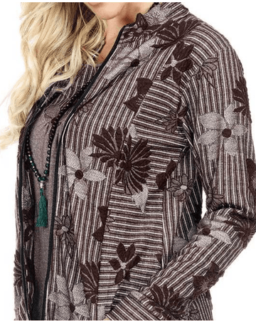 Jacquard Floral Brown Zip-Up Jacket 9541 - Robin Boutique-Boutique 
