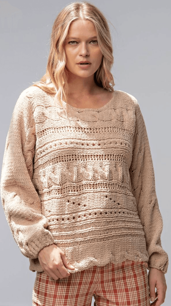 Easel Textured Aran Knit Pullover Long Sleeve Sweater - Robin Boutique-Boutique 