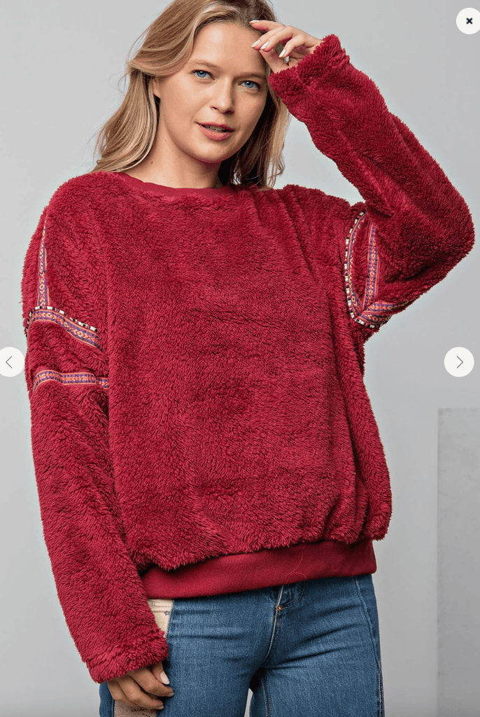 Easel Trimmed Fleece Knit Pullover Top - Robin Boutique-Boutique 