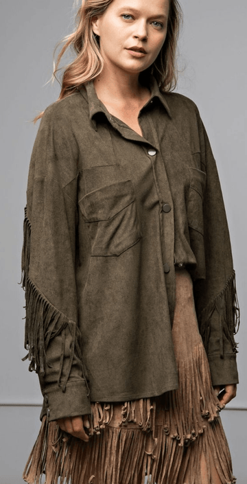 Easel Suede Fringed Snap Front Shirt Blouse - Robin Boutique-Boutique 