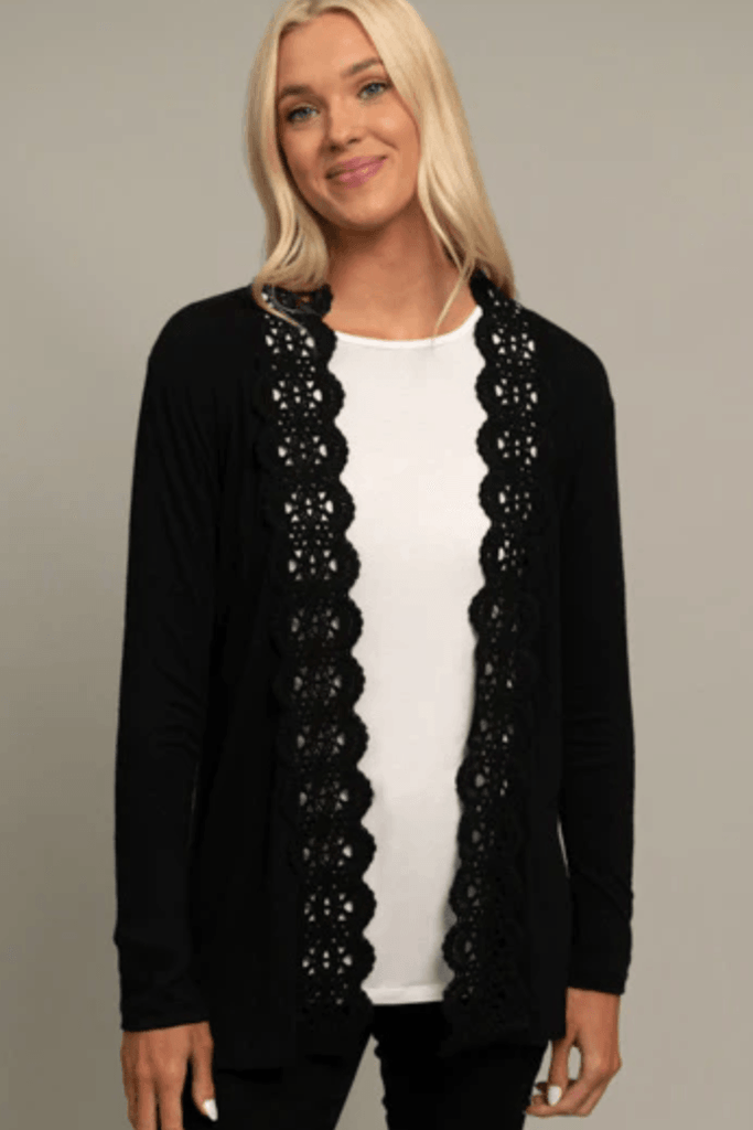 Scalloped Lace Insert Open Front Cardigan 108-1 - Robin Boutique-Boutique 
