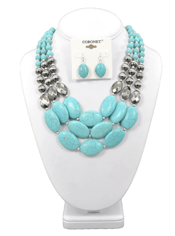 Turquoise and silver bead necklace and earring set - Robin Boutique-Boutique 