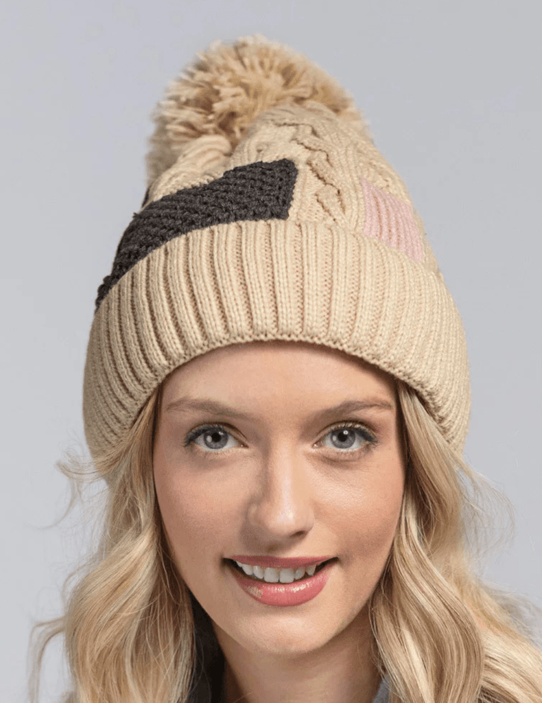 Knit Color Block Beanie Hat with Pom Pom 0046 - Robin Boutique-Boutique 