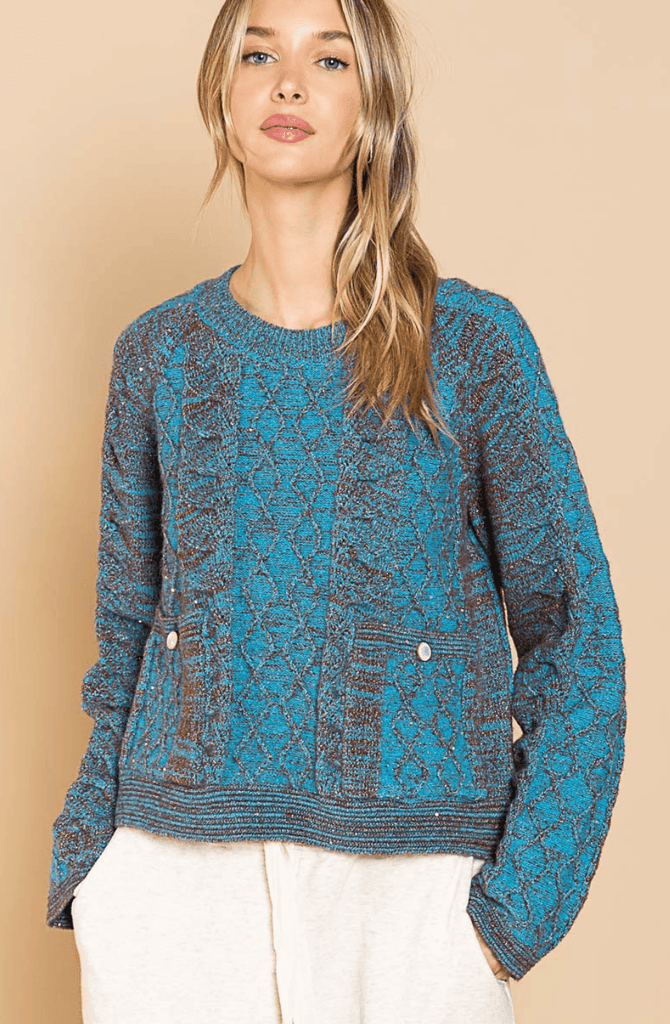 Soft Elegant Sea Blue Sweater with Lurex thread, Cables and Pockets YST192 - Robin Boutique-Boutique 