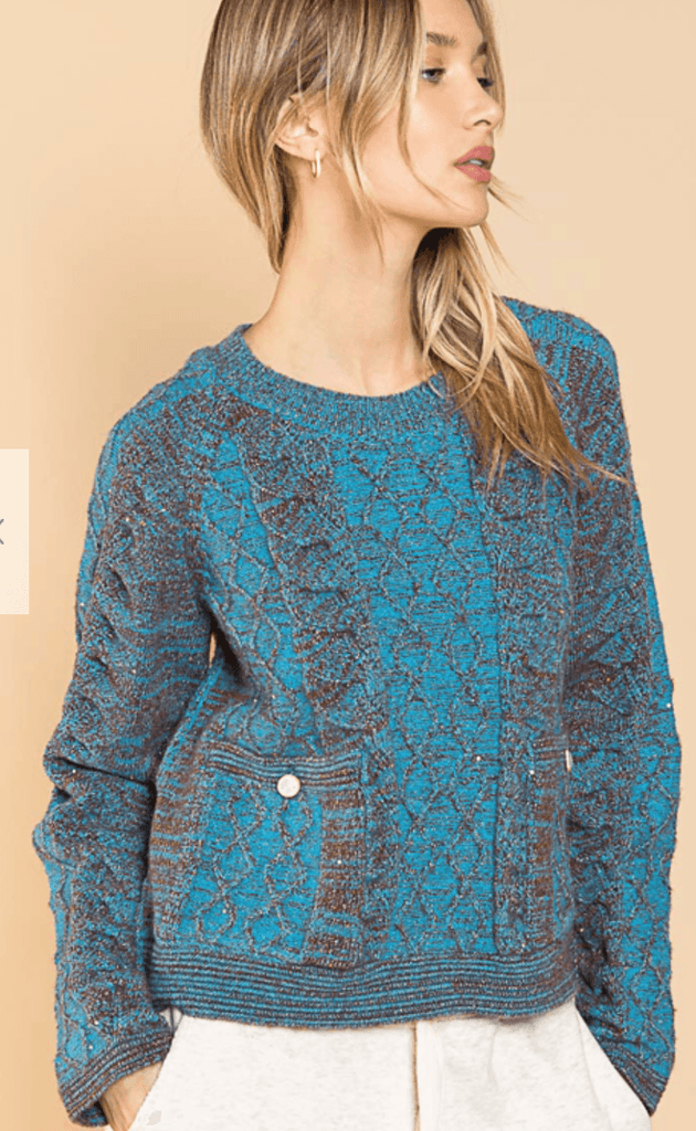 Soft Elegant Sea Blue Sweater with Lurex thread, Cables and Pockets YST192 - Robin Boutique-Boutique 