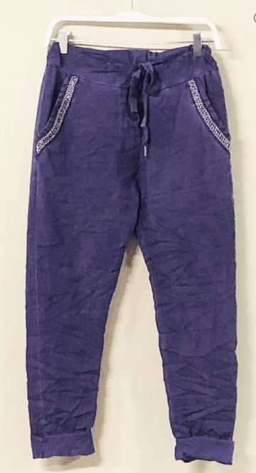 Crinkle Purple Jogger Pants with metallic trim By Venti6 98820-W22 - Robin Boutique-Boutique 