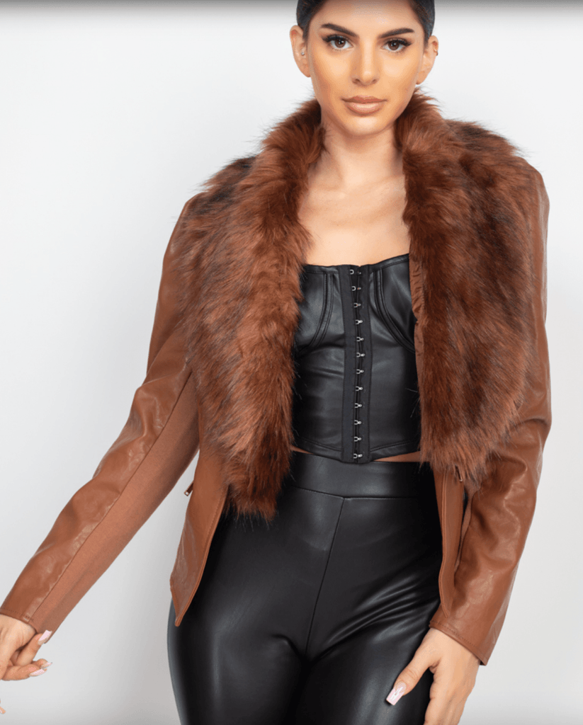 Short Faux Leather jacket w/ detachable fur collar HMJ20594 - Robin Boutique-Boutique 