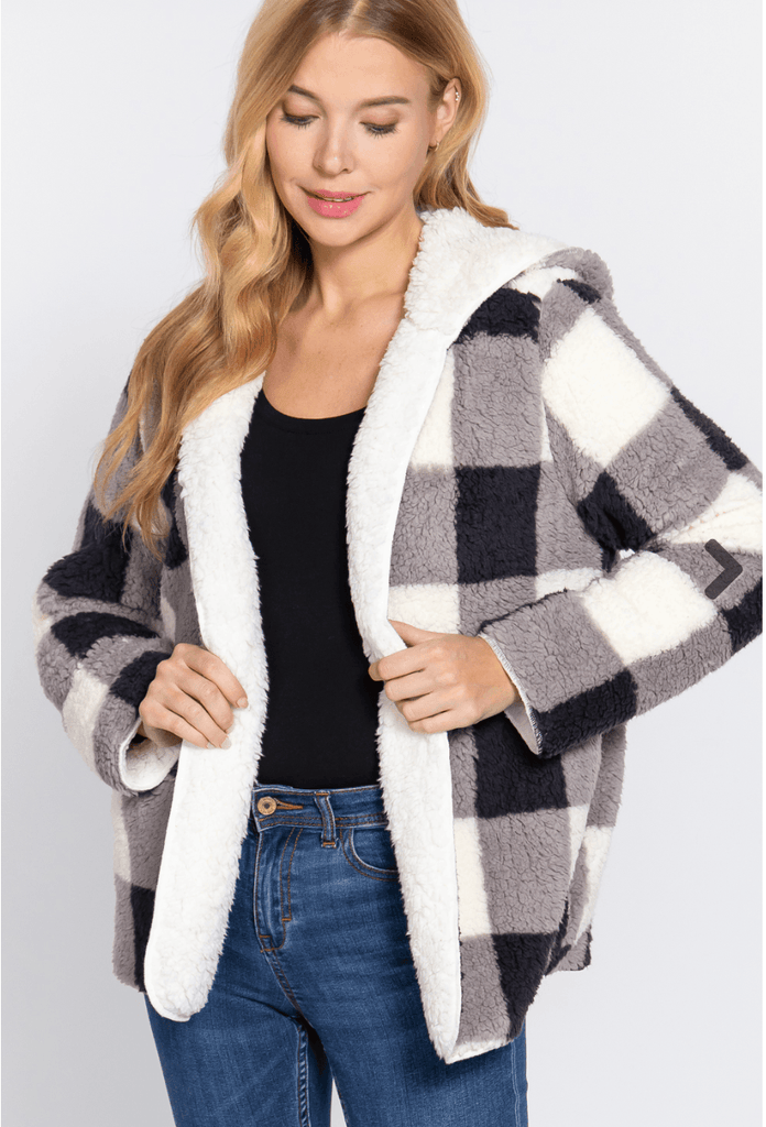 Basic Reversible Long Sleeve Oversized Faux Fur Plaid Long Jacket Pink,Peach/Mauve - J13353 - Robin Boutique-Boutique 