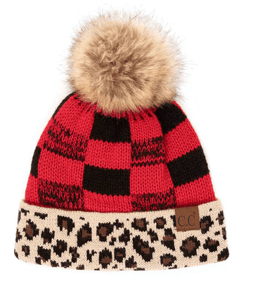 C.C Buffalo Check Beanie with Leopard Pattern Band-HAT-2084 - Robin Boutique-Boutique 