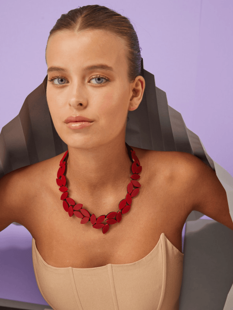ISKN Kate Leaves Necklace Leather Med Red KT14 - Robin Boutique-Boutique 
