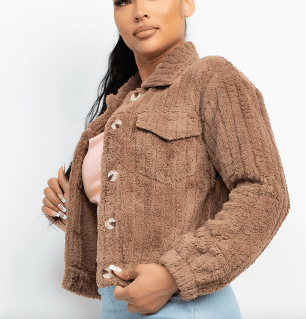 Collared Button Fuzzy Button Up Jacket IJ99309 - Robin Boutique-Boutique 
