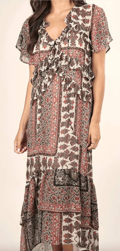 Mixed floral ruffle metallic print dress LS 71560WL - Robin Boutique-Boutique 