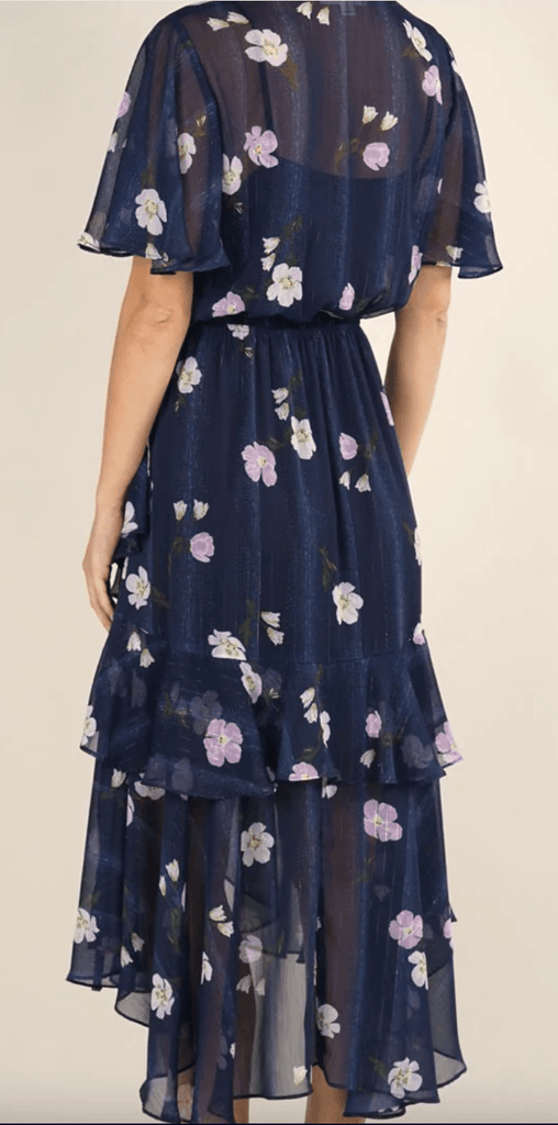 Navy Floral Print dress with ruffles LS 71717WL - Robin Boutique-Boutique 