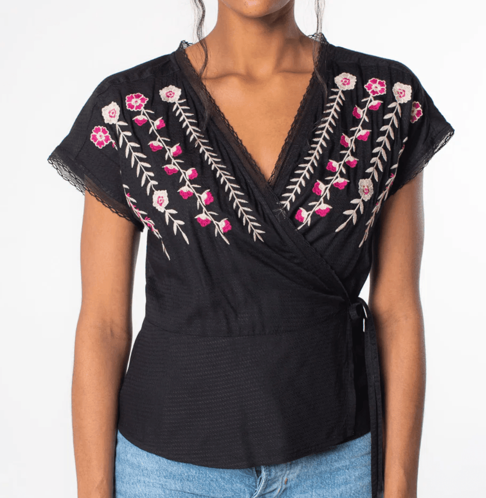 LS 13771W Embroidered Short Sleeve Wrap Front Top - Robin Boutique-Boutique 