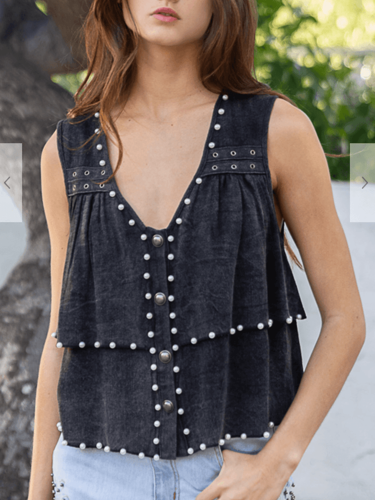 POL Sleeveless pearl and grommet soft layered top FWT413A - Robin Boutique-Boutique 