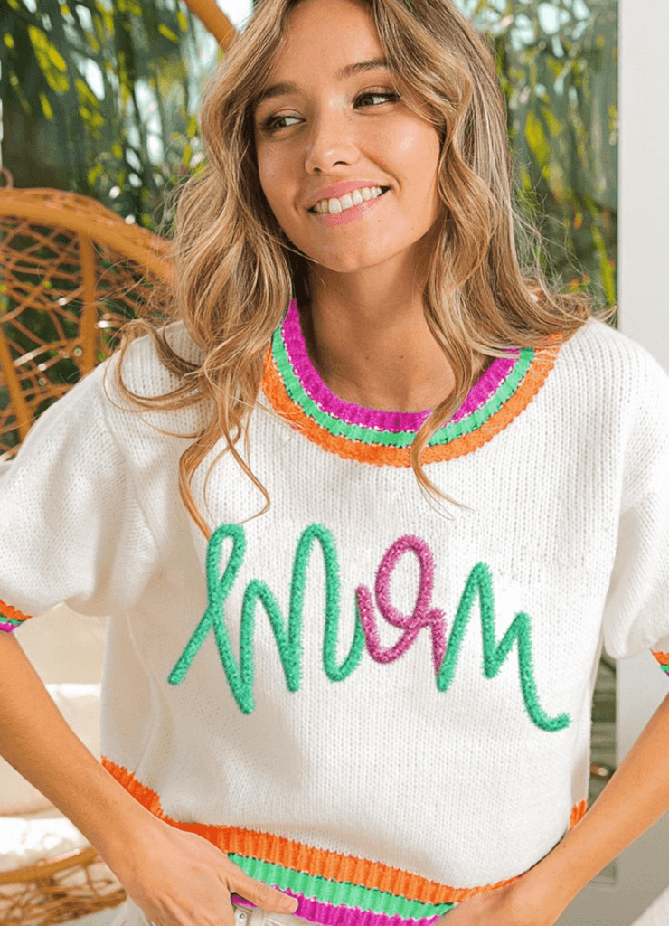 BiBi "MoM" Metallic Letter Short Sleeve Sweater Top IP6625-36 - Robin Boutique-Boutique 