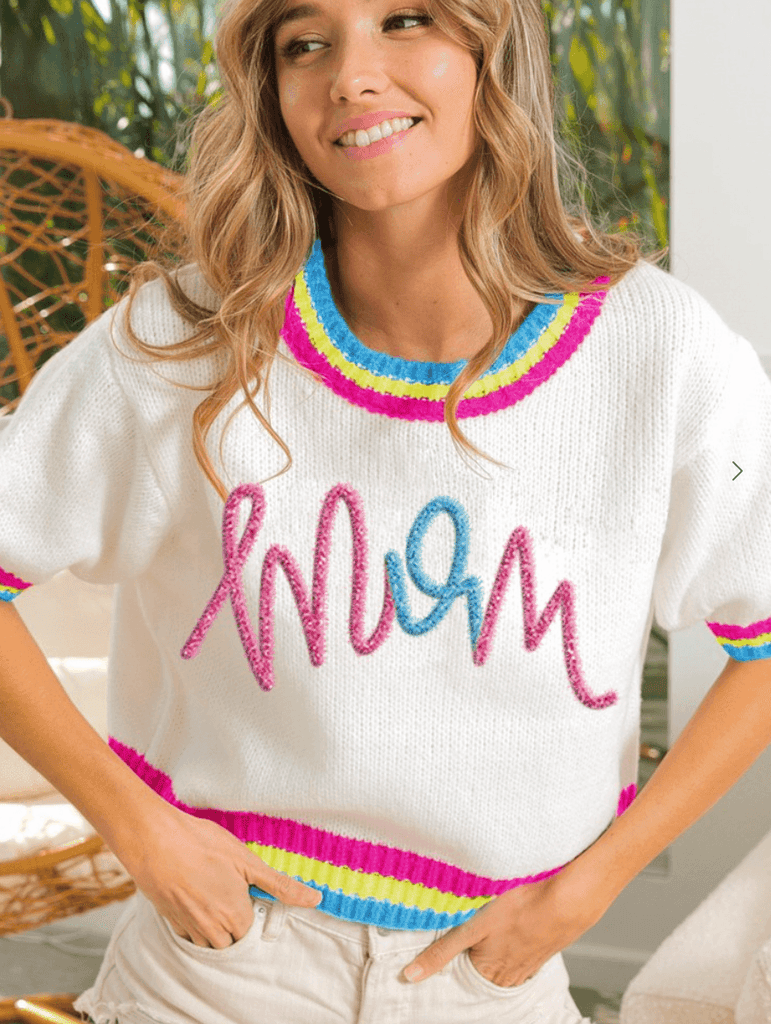 BiBi "MoM" Metallic Letter Short Sleeve Sweater Top IP6625-36 - Robin Boutique-Boutique 