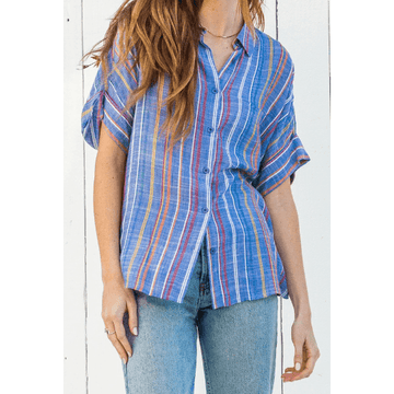 Multi Color Striped Short Sleeve Button Down Collared Shirt - Robin Boutique-Boutique 