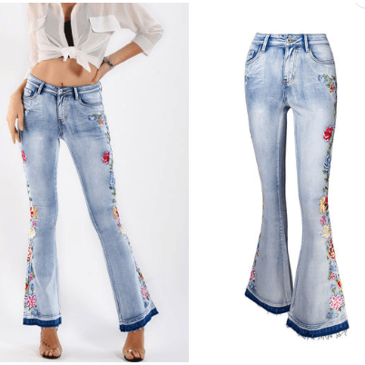 Flared Denim Stretch Jeans with Heavily Embroidered Flowers - Robin Boutique-Boutique 